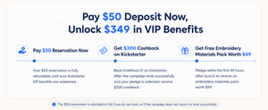 $50 deposit unlocks $349 in VIP benefits: $300 cashback plus a $49 materials pack
