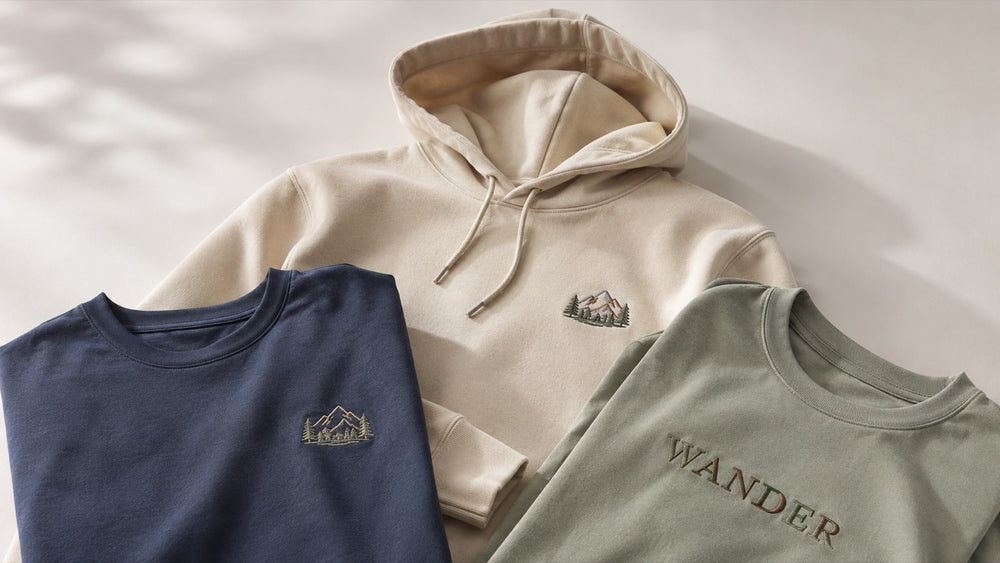 Embroidered hoodies and tees with mountain logos