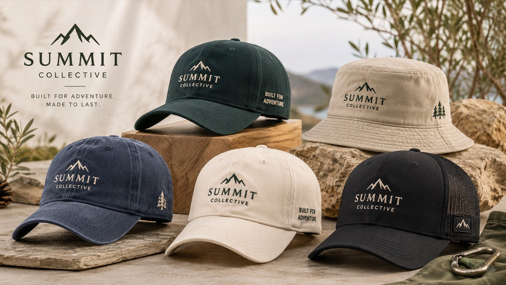 Embroidered caps and bucket hats with mountain logos