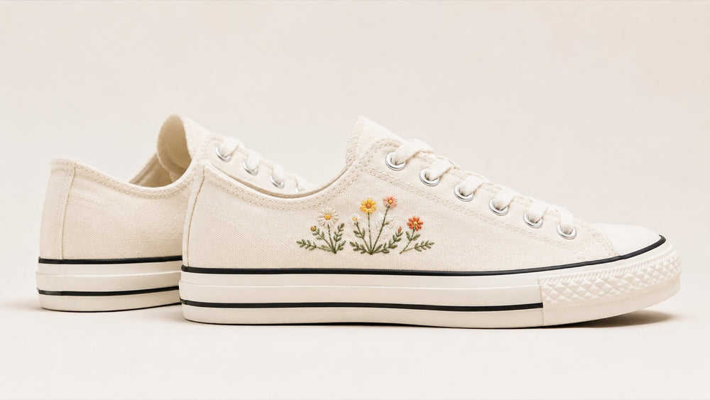 Cream canvas sneakers with floral embroidery